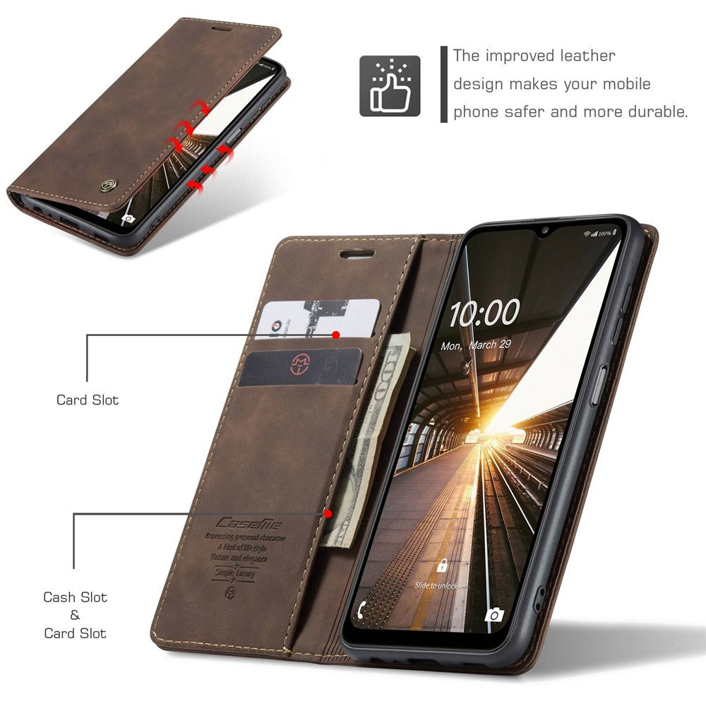 CASEME 013 Series Simple Design Automatic Suction Leather Wallet Case for Samsung Galaxy A32 5G/M32 5G - Coffee