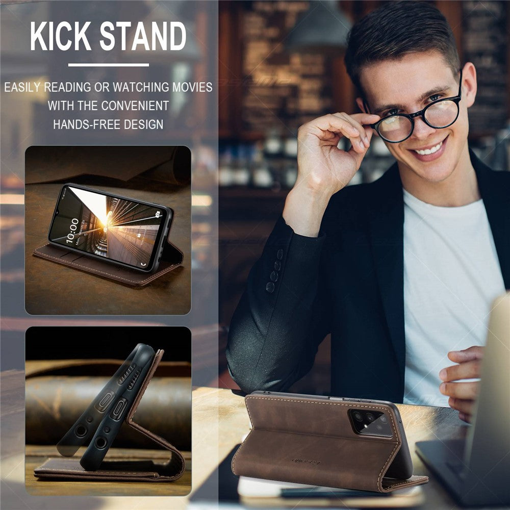 CASEME 013 Series Simple Design Automatic Suction Leather Wallet Case for Samsung Galaxy A32 5G/M32 5G - Coffee