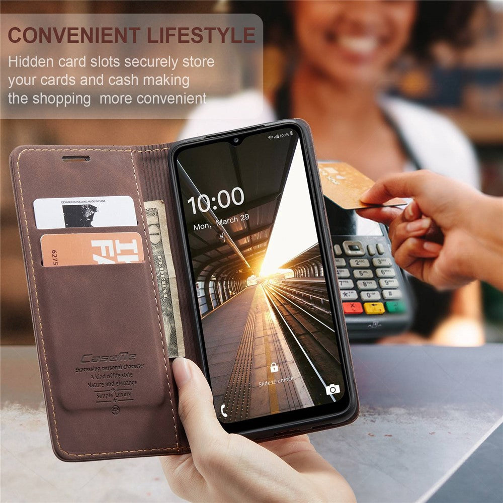 CASEME 013 Series Simple Design Automatic Suction Leather Wallet Case for Samsung Galaxy A32 5G/M32 5G - Coffee