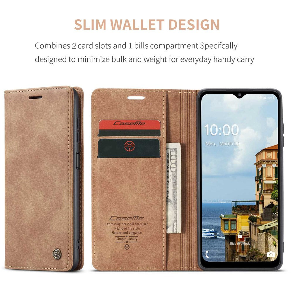 CASEME 013 Series Simple Design Automatic Suction Leather Wallet Case for Samsung Galaxy A32 5G/M32 5G - Brown