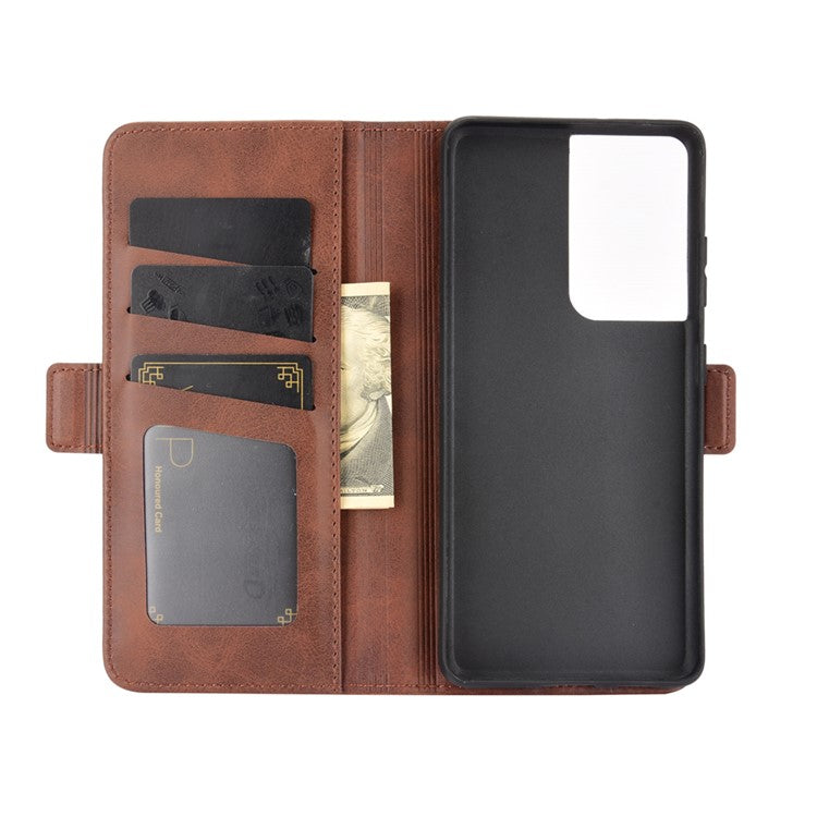 Dual Magnetic Clasp Leather Folio Flip Phone Cover Leather Case for Samsung Galaxy S21 Ultra 5G - Brown