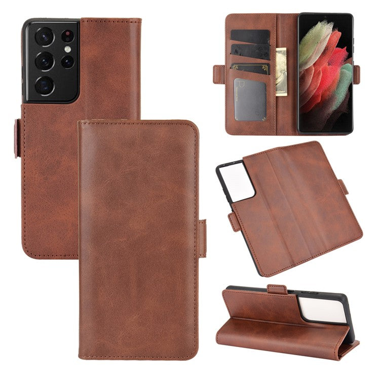 Dual Magnetic Clasp Leather Folio Flip Phone Cover Leather Case for Samsung Galaxy S21 Ultra 5G - Brown
