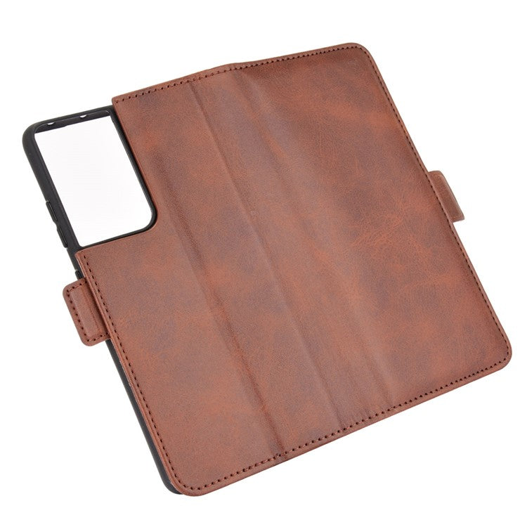 Dual Magnetic Clasp Leather Folio Flip Phone Cover Leather Case for Samsung Galaxy S21 Ultra 5G - Brown