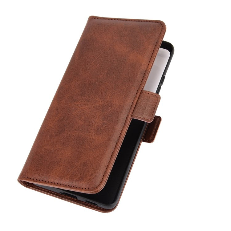 Dual Magnetic Clasp Leather Folio Flip Phone Cover Leather Case for Samsung Galaxy S21 Ultra 5G - Brown