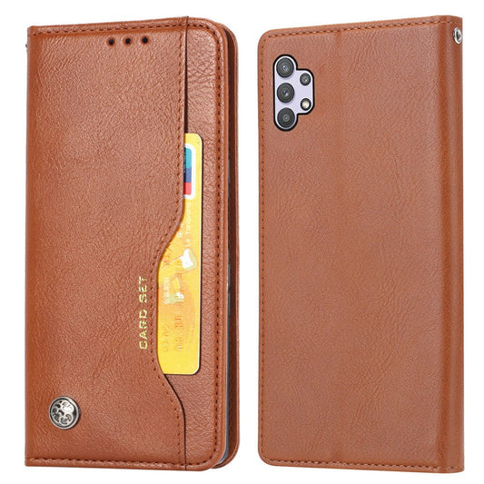 Auto-absorbed Wallet Stand Leather Protector Phone Cover for Samsung Galaxy A32 5G/M32 5G - Brown