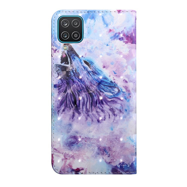 3D Pattern Printing Wallet Stand PU Leather Full-Protection Phone Cover Case for Samsung Galaxy A12 - Howling Wolf