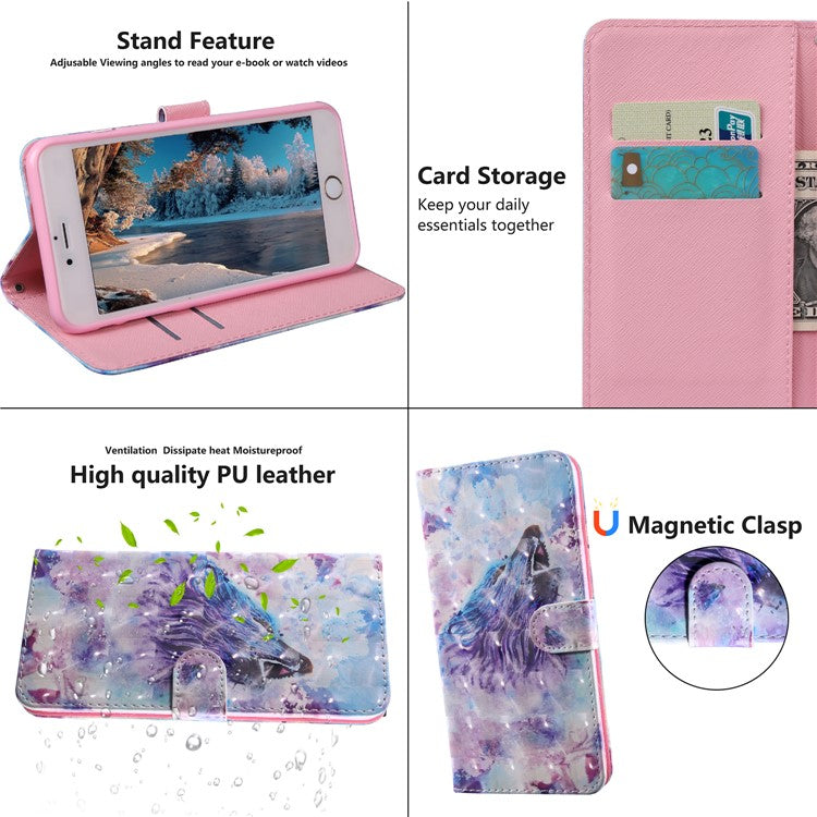 3D Pattern Printing Wallet Stand PU Leather Full-Protection Phone Cover Case for Samsung Galaxy A12 - Howling Wolf