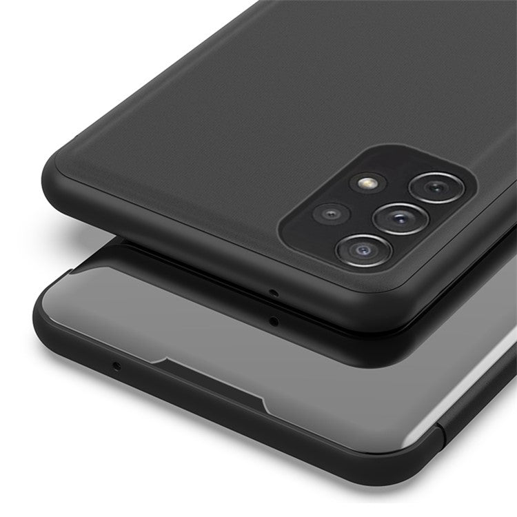 View Window Electroplated Mirror Surface Leather Shell Phone Stand Case for Samsung Galaxy A72 5G/4G - Black