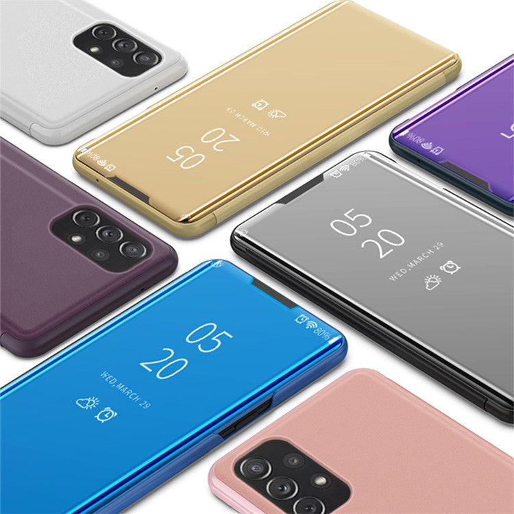 View Window Electroplated Mirror Surface Leather Shell Phone Stand Case for Samsung Galaxy A72 5G/4G - Black