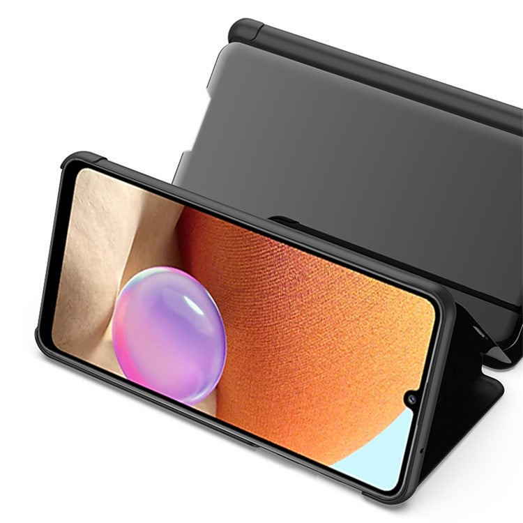 View Window Electroplated Mirror Surface Leather Shell Phone Stand Case for Samsung Galaxy A32 4G (EU Version) - Gold