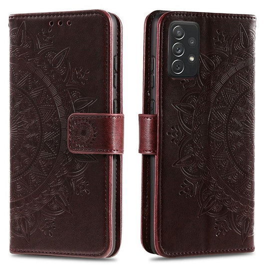 Imprinted Mandala Flower Wallet Leather Case with Strap for Samsung Galaxy A52 4G/5G / A52s 5G - Brown