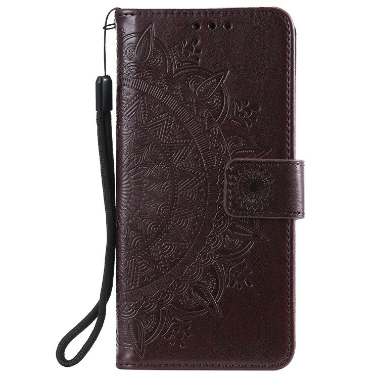 Imprinted Mandala Flower Wallet Leather Case with Strap for Samsung Galaxy A52 4G/5G / A52s 5G - Brown