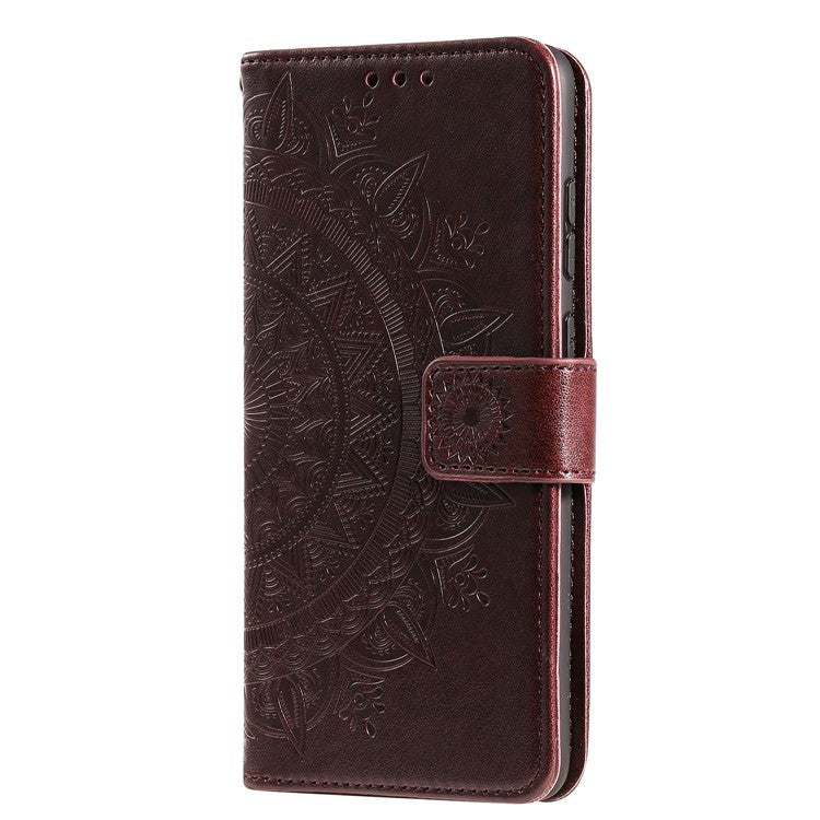 Imprinted Mandala Flower Wallet Leather Case with Strap for Samsung Galaxy A52 4G/5G / A52s 5G - Brown