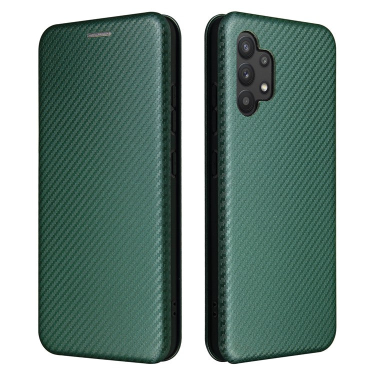 Auto-absorbed Stand Carbon Fiber Texture Leather Shell Cover for Samsung Galaxy A32 4G (EU Version) - Green
