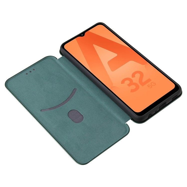 Auto-absorbed Stand Carbon Fiber Texture Leather Shell Cover for Samsung Galaxy A32 4G (EU Version) - Green