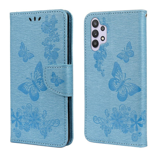 Butterflies Flower Pattern Design Imprinting Leather Wallet Stand Case for Samsung Galaxy A32 4G (EU Version) - Blue