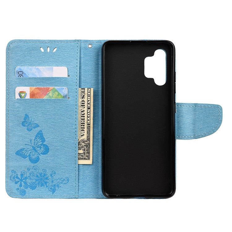 Butterflies Flower Pattern Design Imprinting Leather Wallet Stand Case for Samsung Galaxy A32 4G (EU Version) - Blue