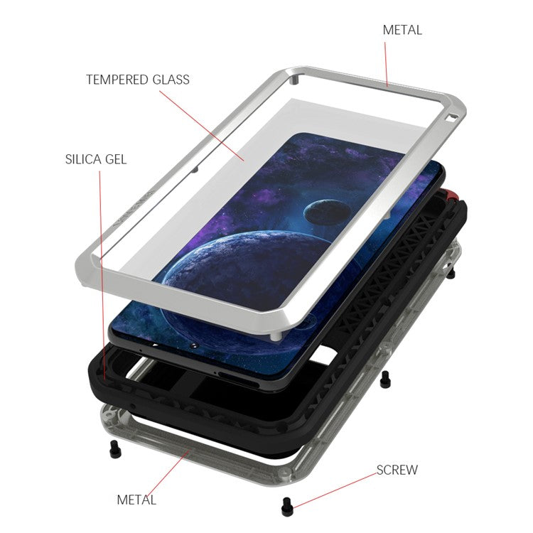 LOVE MEI Shockproof Dropproof Dustproof Powerful Case for Samsung Galaxy A52 4G/5G / A52s 5G [Metal+Silicone+Tempered Glass] - Silver