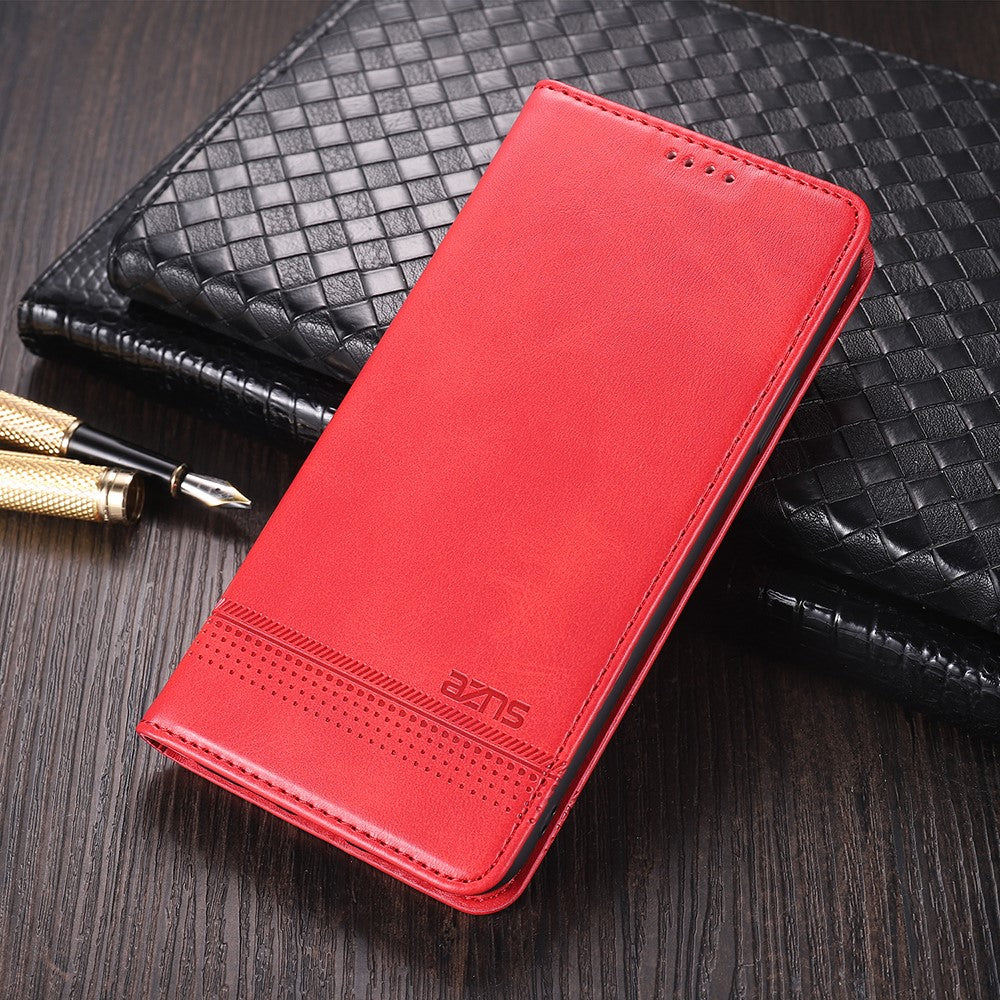 AZNS Wallet Design Auto-absorbed Magnet Well-Protected Leather Stand Mobile Shell Case for Samsung Galaxy F62/M62 - Red