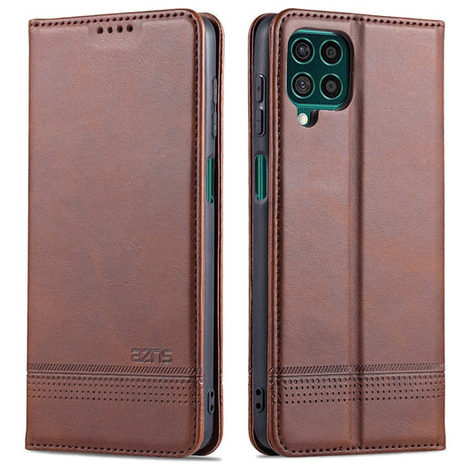 AZNS Wallet Design Auto-absorbed Magnet Well-Protected Leather Stand Mobile Shell Case for Samsung Galaxy F62/M62 - Coffee