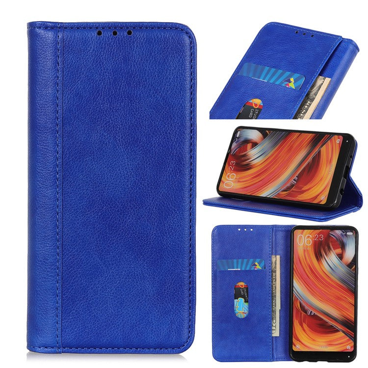 Auto-absorbed Litchi Texture Split Leather Wallet Stand Case Cover for Samsung Galaxy S21 FE - Blue