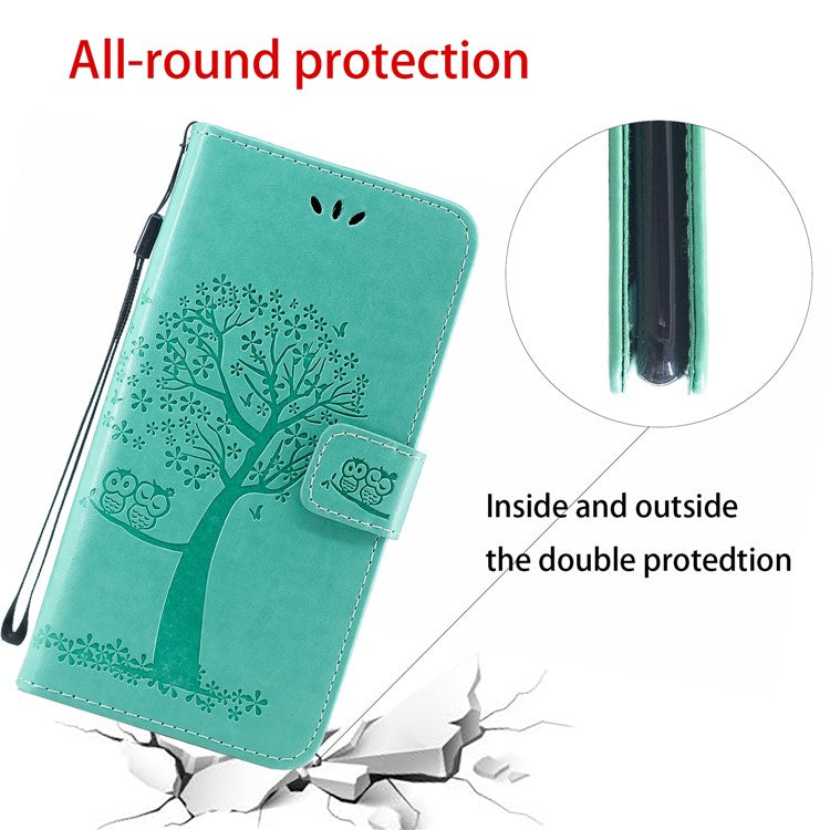 Owl Tree Pattern Imprint Leather Wallet Stand Case for Samsung Galaxy A22 5G (EU Version) - Cyan