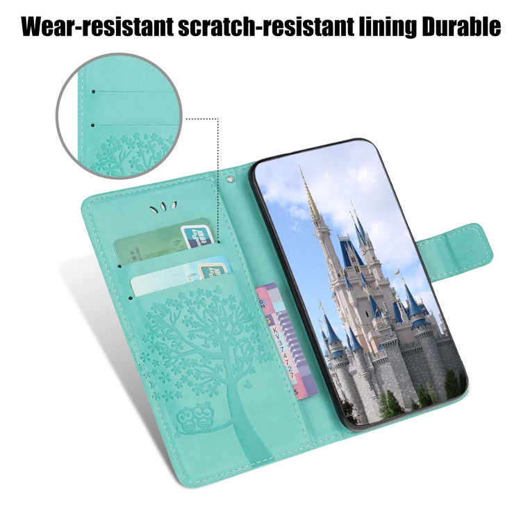 Owl Tree Pattern Imprint Leather Wallet Stand Case for Samsung Galaxy A22 5G (EU Version) - Cyan