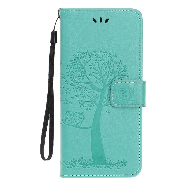 Owl Tree Pattern Imprint Leather Wallet Stand Case for Samsung Galaxy A22 5G (EU Version) - Cyan