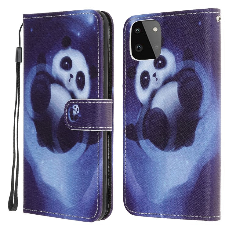 Cross Texture Pattern Printing Wallet Leather Phone Casing Stand for Samsung Galaxy A22 5G (EU Version) - Panda
