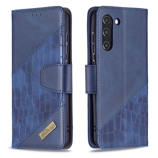 BF04 Splicing Crocodile Texture Leather Phone Shell Wallet Stand Case for Samsung Galaxy S21 FE 5G - Blue