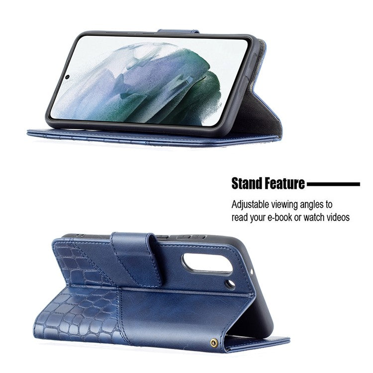 BF04 Splicing Crocodile Texture Leather Phone Shell Wallet Stand Case for Samsung Galaxy S21 FE 5G - Blue