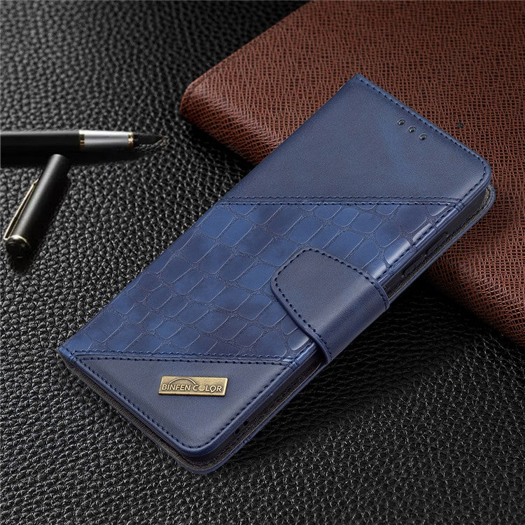 BF04 Splicing Crocodile Texture Leather Phone Shell Wallet Stand Case for Samsung Galaxy S21 FE 5G - Blue