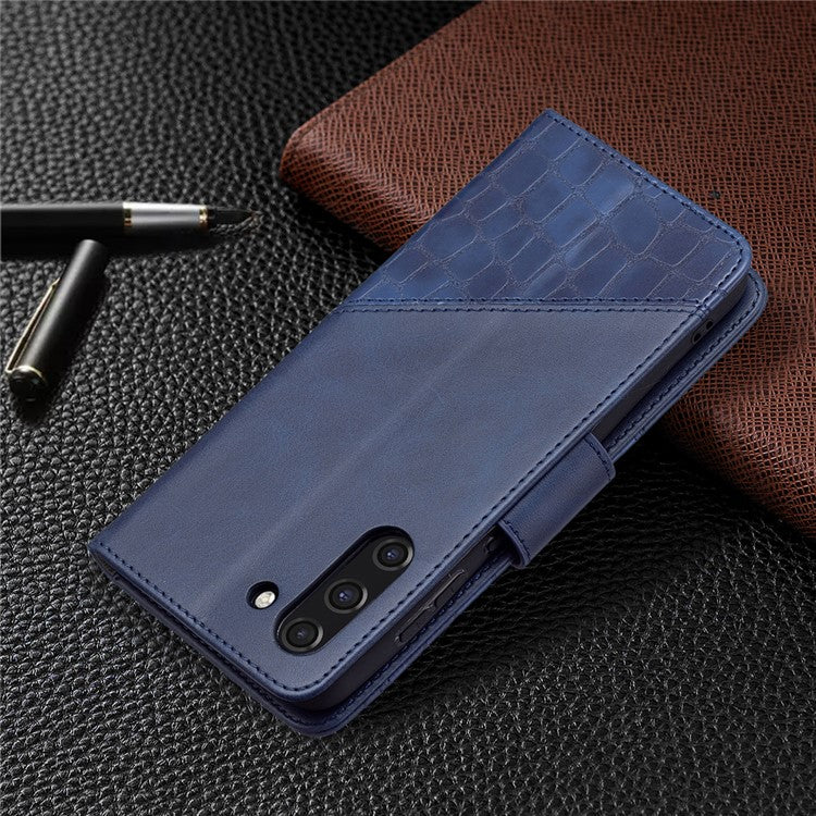 BF04 Splicing Crocodile Texture Leather Phone Shell Wallet Stand Case for Samsung Galaxy S21 FE 5G - Blue