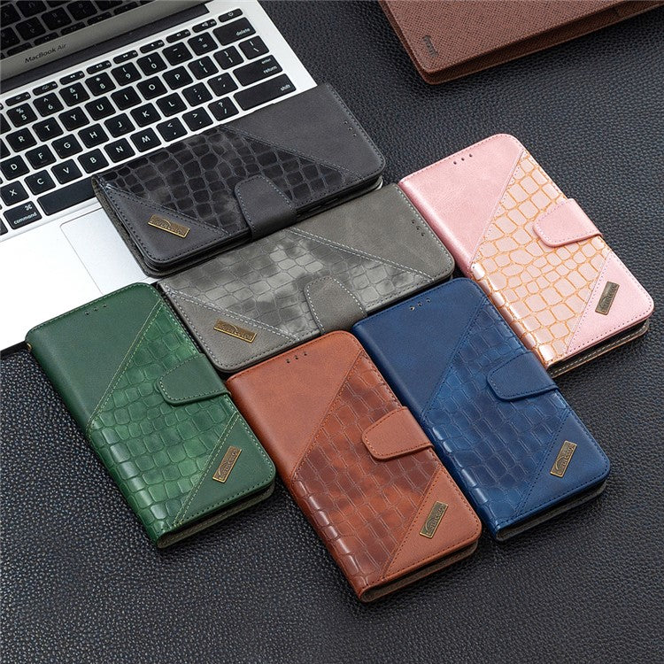 BF04 Splicing Crocodile Texture Leather Phone Shell Wallet Stand Case for Samsung Galaxy S21 FE 5G - Blue