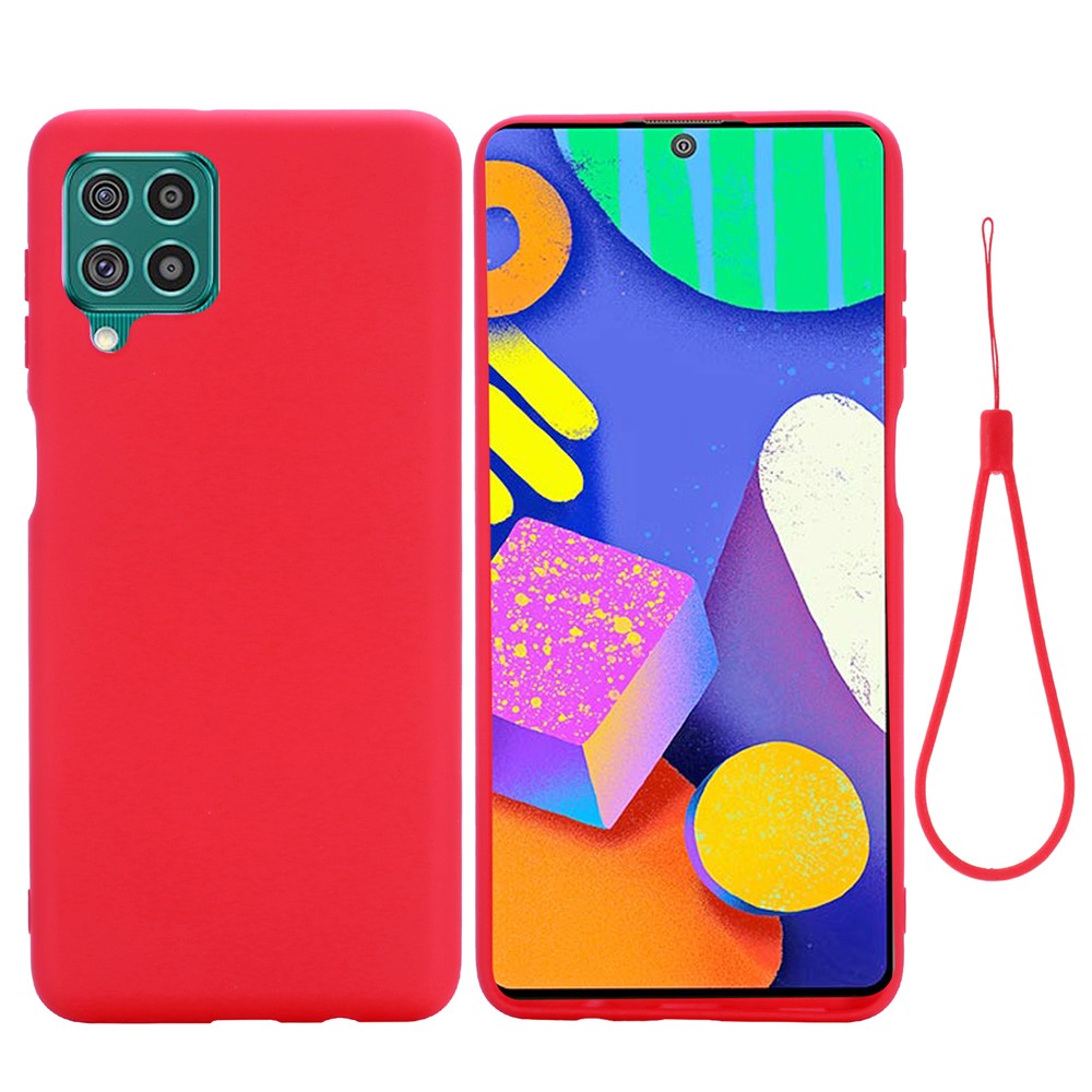 Liquid Silicone Soft Cover Case with Handy Strap for Samsung Galaxy F62/M62 - Red