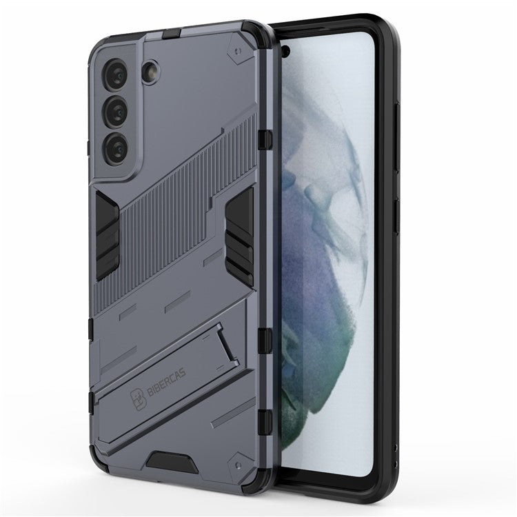 Anti-scratch PC + TPU Hybrid Phone Back Case Shockproof Cover with Kickstand for Samsung Galaxy S21 FE - Grey