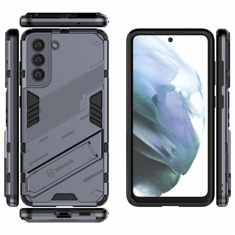 Anti-scratch PC + TPU Hybrid Phone Back Case Shockproof Cover with Kickstand for Samsung Galaxy S21 FE - Grey