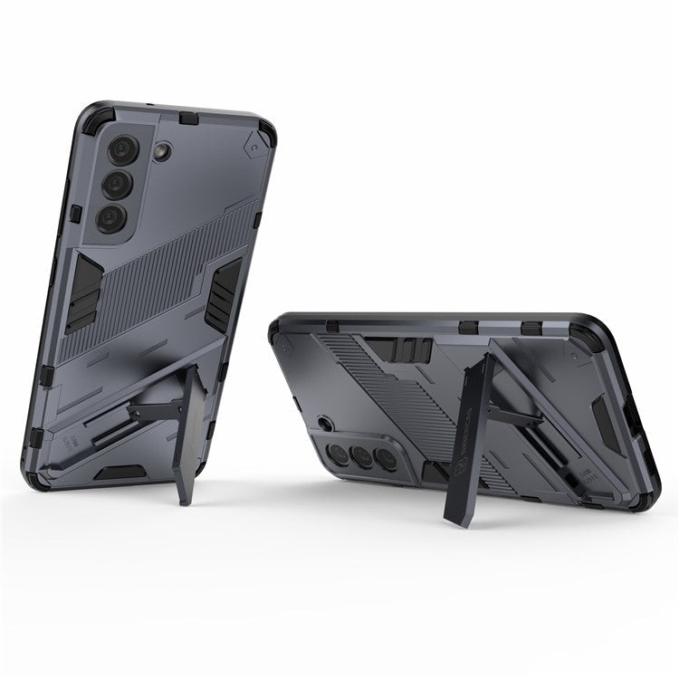 Anti-scratch PC + TPU Hybrid Phone Back Case Shockproof Cover with Kickstand for Samsung Galaxy S21 FE - Grey