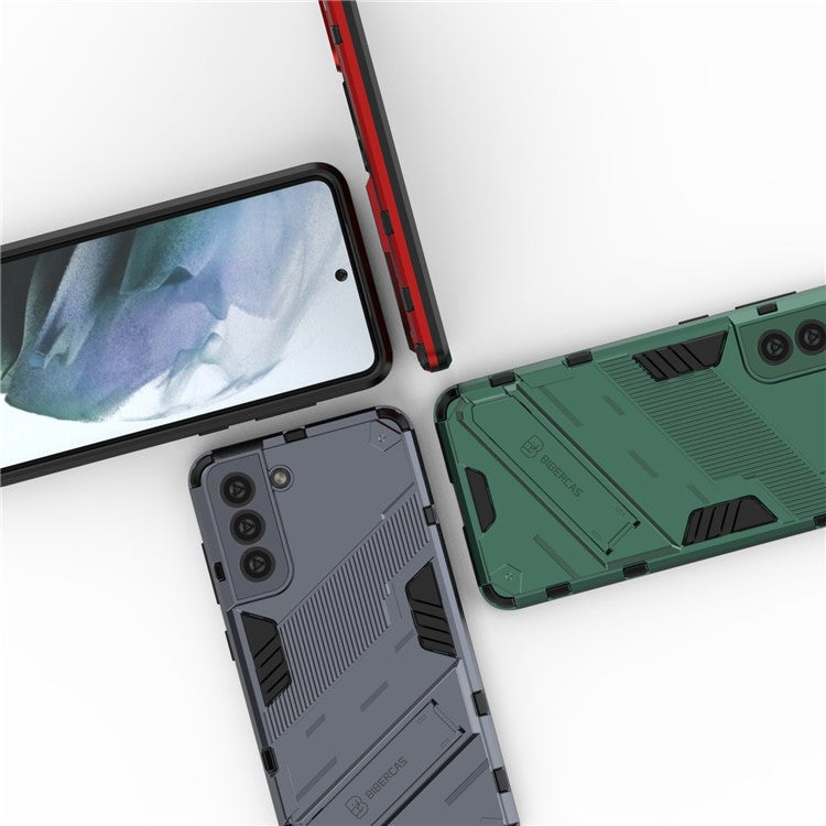 Anti-scratch PC + TPU Hybrid Phone Back Case Shockproof Cover with Kickstand for Samsung Galaxy S21 FE - Grey