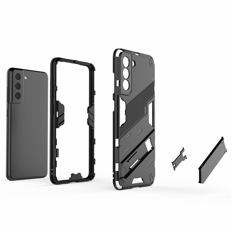 Anti-scratch PC + TPU Hybrid Phone Back Case Shockproof Cover with Kickstand for Samsung Galaxy S21 FE - Grey