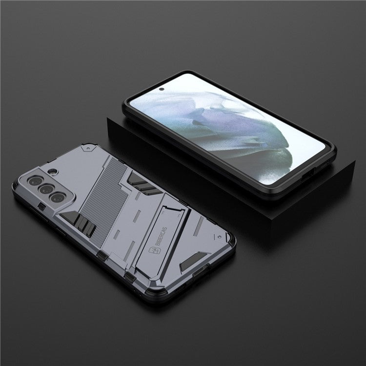 Anti-scratch PC + TPU Hybrid Phone Back Case Shockproof Cover with Kickstand for Samsung Galaxy S21 FE - Grey