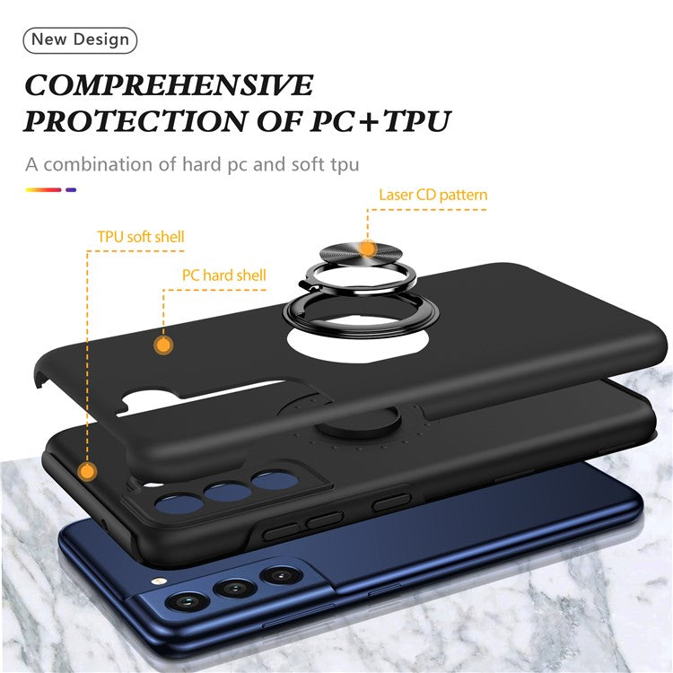 Invisible Ring Kickstand Design Hybrid Mobile Phone Case Cover for Samsung Galaxy S21 FE - Black