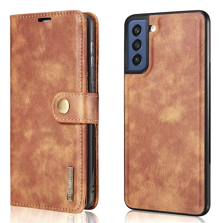 DG.MING for Samsung Galaxy S21 FE Detachable 2-in-1 Split Leather Wallet Case Stand Folio Magnetic Phone Cover - Brown