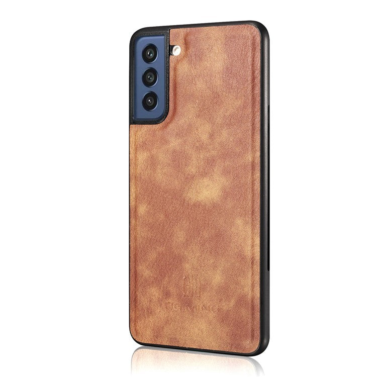 DG.MING for Samsung Galaxy S21 FE Detachable 2-in-1 Split Leather Wallet Case Stand Folio Magnetic Phone Cover - Brown