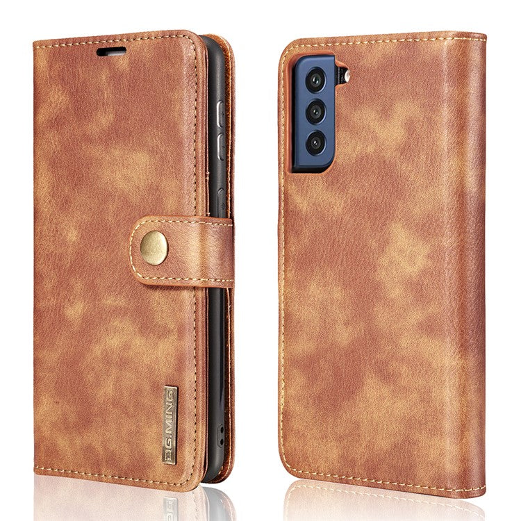 DG.MING for Samsung Galaxy S21 FE Detachable 2-in-1 Split Leather Wallet Case Stand Folio Magnetic Phone Cover - Brown