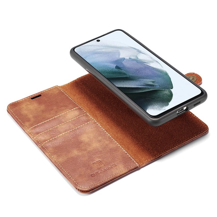 DG.MING for Samsung Galaxy S21 FE Detachable 2-in-1 Split Leather Wallet Case Stand Folio Magnetic Phone Cover - Brown