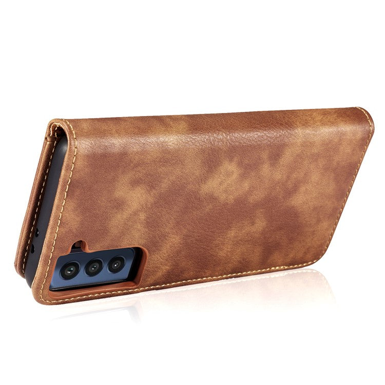 DG.MING for Samsung Galaxy S21 FE Detachable 2-in-1 Split Leather Wallet Case Stand Folio Magnetic Phone Cover - Brown
