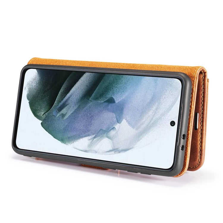 DG.MING for Samsung Galaxy S21 FE Detachable 2-in-1 Split Leather Wallet Case Stand Folio Magnetic Phone Cover - Brown