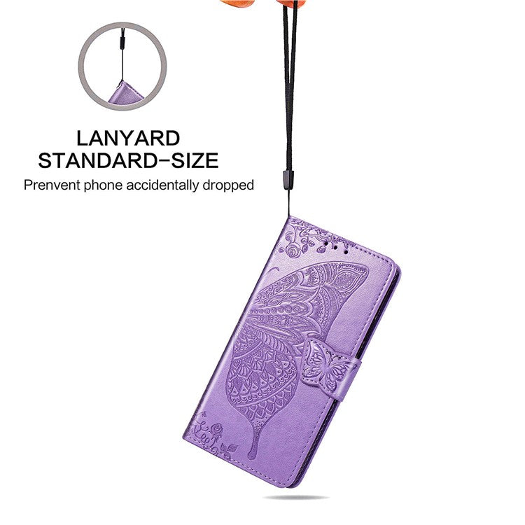 Big Butterfly Imprinting Leather Stand Design Phone Wallet Shell for Samsung Galaxy A22 4G (EU Version) - Light Purple
