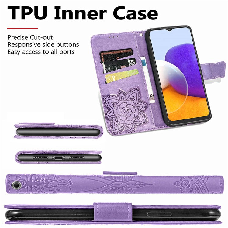 Big Butterfly Imprinting Leather Stand Design Phone Wallet Shell for Samsung Galaxy A22 4G (EU Version) - Light Purple